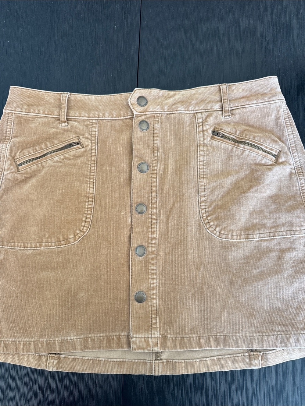 American Eagle Super Stretch X4 Corduroy Mini Skirt Tan Button Front Utility 14 - Picture 6 of 12